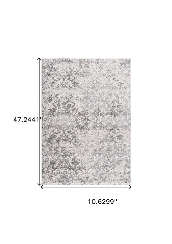 Homeroots 2' X 10' Cream Damask Power Loom Stain Resistant Area Rug  Polyester,Cotton 487611