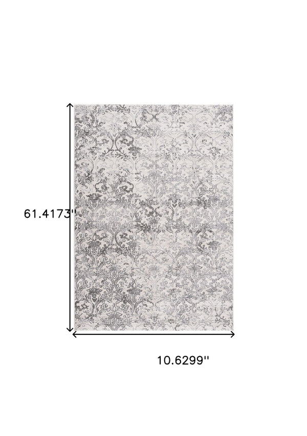Homeroots 2' X 13' Cream Damask Power Loom Stain Resistant Area Rug  Polyester,Cotton 487612