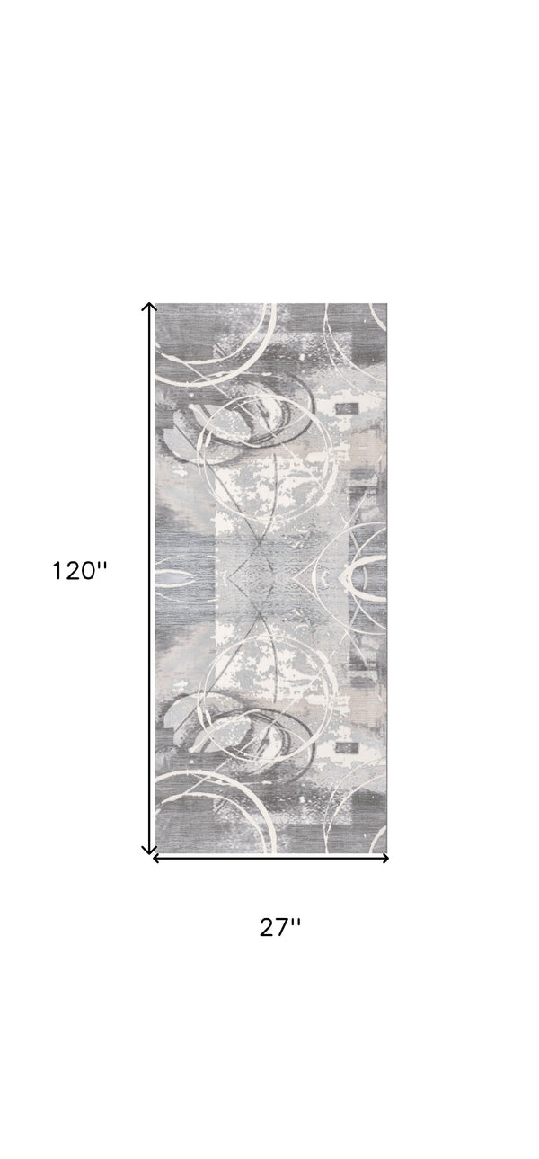 Homeroots 10' Gray And Ivory Abstract Power Loom Distressed Runner Rug  Polyester 487615