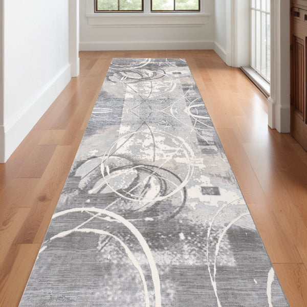 Homeroots 15' Gray And Ivory Abstract Power Loom Distressed Runner Rug  Polyester 487617