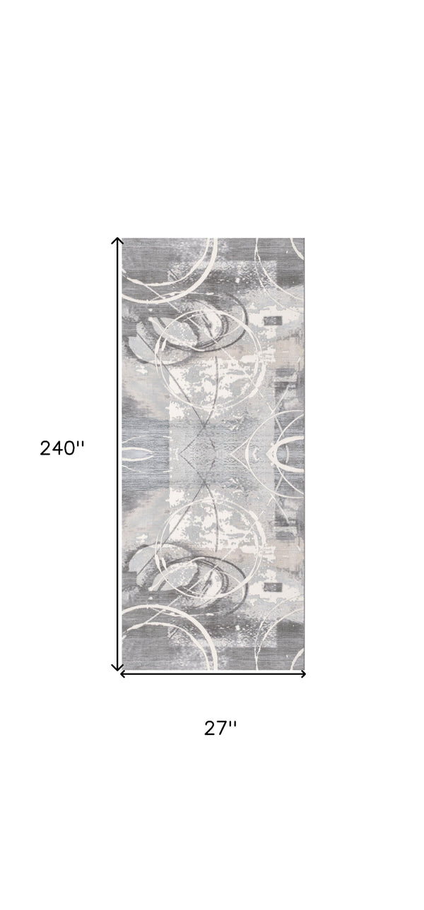 Homeroots 20' Gray And Ivory Abstract Power Loom Distressed Runner Rug  Polyester 487618