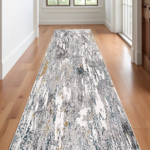 Homeroots 2' X 13' Grey And White Abstract Power Loom Stain Resistant Area Rug  Polyester,Cotton 487620