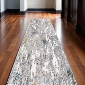HomeRoots 2' Grey and White Abstract Area Rug - Stain Resistant, Power Loomed for Modern Spaces and Durability 13' Runner 487620
