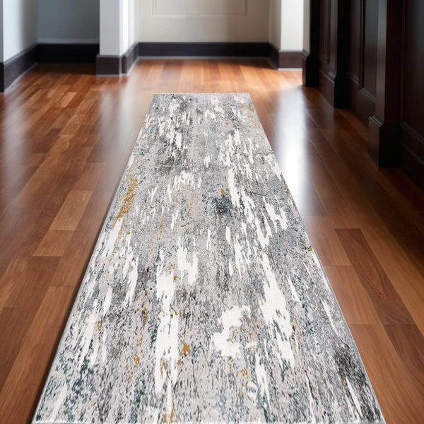 HomeRoots 2' Grey and White Abstract Area Rug - Stain Resistant, Power Loomed for Modern Spaces and Durability 13' Runner 487620
