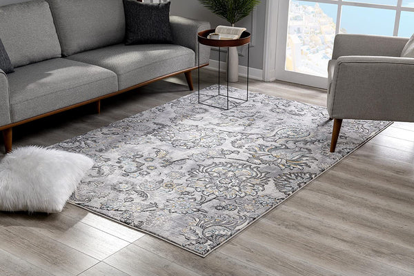 Homeroots 2' X 10' Grey Floral Power Loom Stain Resistant Area Rug  Polyester,Cotton 487623