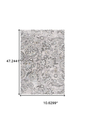 Homeroots 2' X 10' Grey Floral Power Loom Stain Resistant Area Rug  Polyester,Cotton 487623