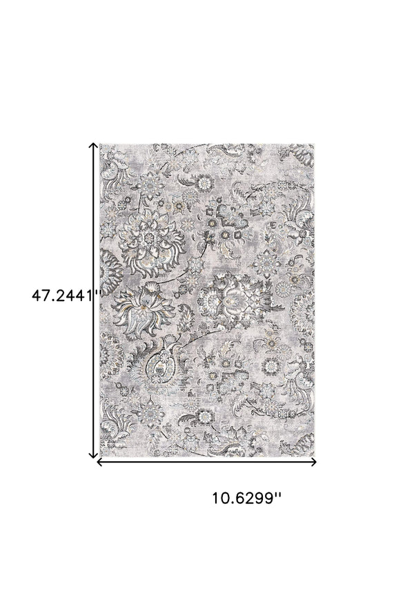 Homeroots 2' X 10' Grey Floral Power Loom Stain Resistant Area Rug  Polyester,Cotton 487623