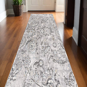 Homeroots 2' X 10' Grey Floral Power Loom Stain Resistant Area Rug  Polyester,Cotton 487623