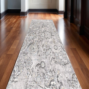 HomeRoots 2' Elegant Grey Floral Power Loom Area Rug - Stain Resistant, Durable Design for Busy Homes 13' Runner 487624