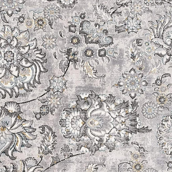 HomeRoots 2' Elegant Grey Floral Power Loom Area Rug - Stain Resistant, Durable Design for Busy Homes 13' Runner 487624