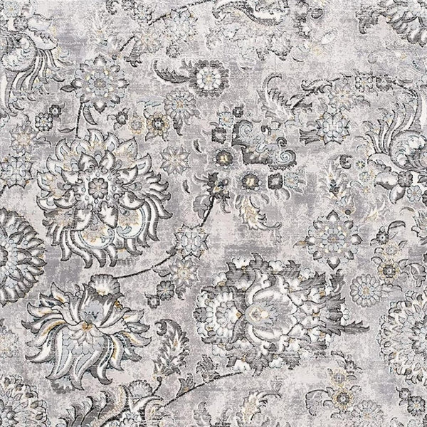 HomeRoots 2' Elegant Grey Floral Power Loom Area Rug - Stain Resistant, Durable Design for Busy Homes 13' Runner 487624