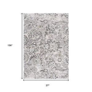 HomeRoots 2' Elegant Grey Floral Power Loom Area Rug - Stain Resistant, Durable Design for Busy Homes 13' Runner 487624