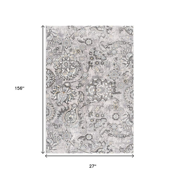 HomeRoots 2' Elegant Grey Floral Power Loom Area Rug - Stain Resistant, Durable Design for Busy Homes 13' Runner 487624