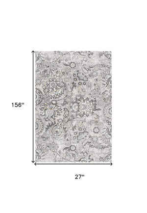 Homeroots 2' X 13' Grey Floral Power Loom Stain Resistant Area Rug  Polyester,Cotton 487624