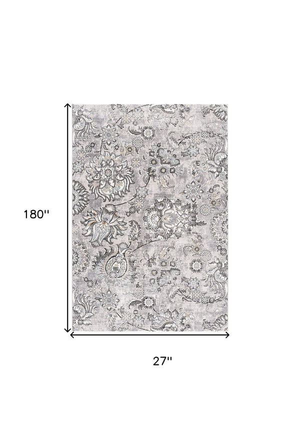 Homeroots 2' X 15' Grey Floral Power Loom Stain Resistant Area Rug  Polyester,Cotton 487625