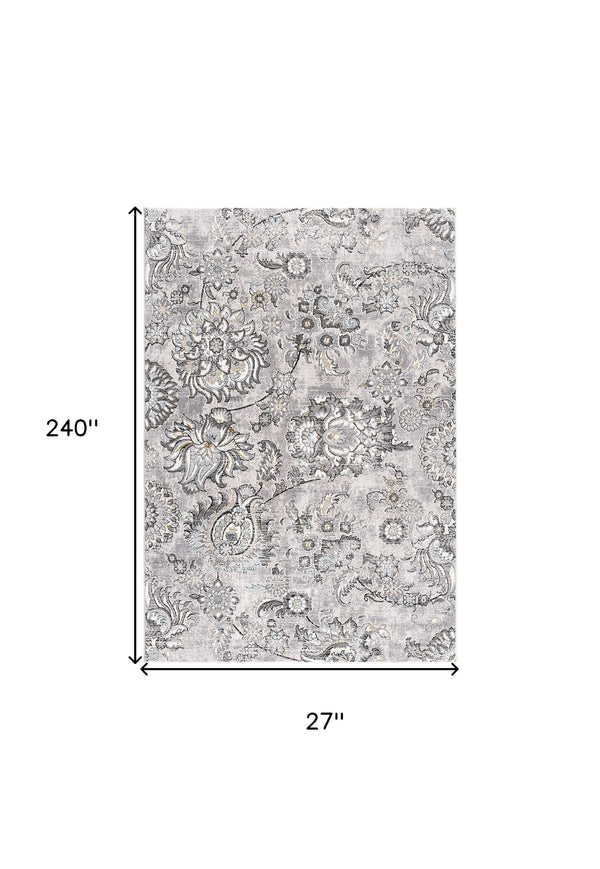 Homeroots 2' X 20' Grey Floral Power Loom Stain Resistant Area Rug  Polyester,Cotton 487626