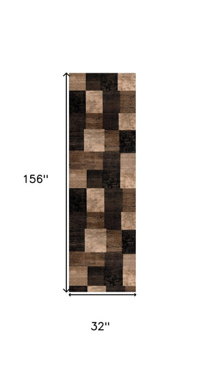 HomeRoots 13' Stylish Brown, Black & Tan Geometric Power Loom Runner Rug - Durable, Stain-Resistant & Chic Design 487628