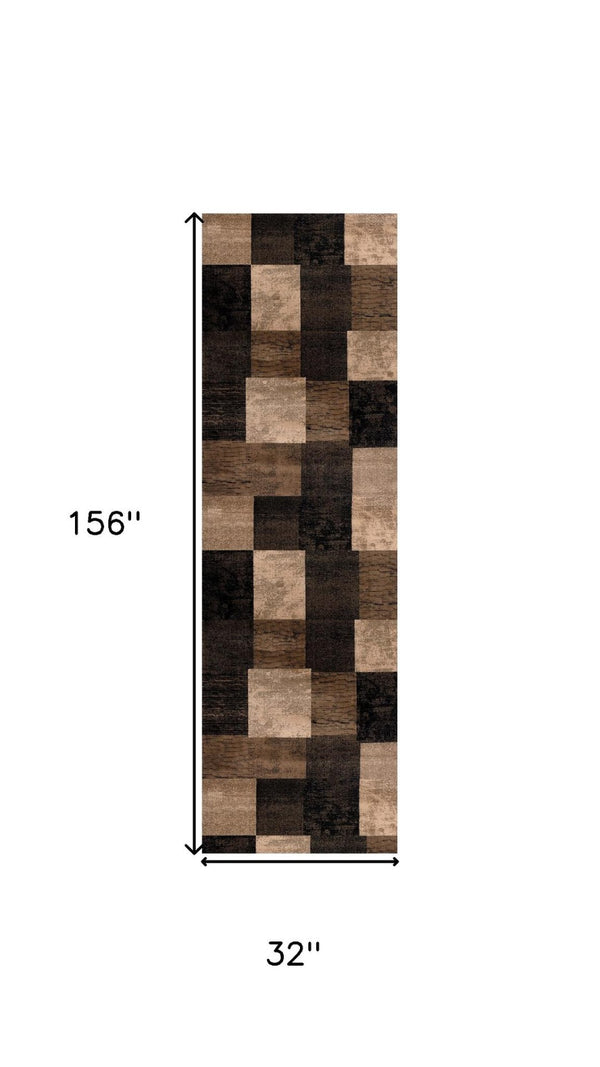 HomeRoots 13' Stylish Brown, Black & Tan Geometric Power Loom Runner Rug - Durable, Stain-Resistant & Chic Design 487628