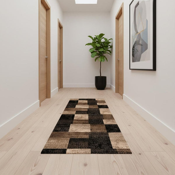 HomeRoots 13' Stylish Brown, Black & Tan Geometric Power Loom Runner Rug - Durable, Stain-Resistant & Chic Design 487628