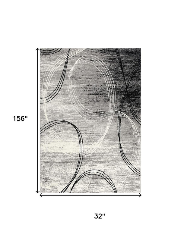 HomeRoots 13' Gray and Ivory Abstract Shag Runner Rug - Stylish, Soft, Stain-Resistant for High-Traffic Areas 487643