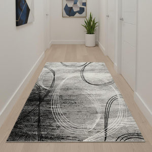 HomeRoots 13' Gray and Ivory Abstract Shag Runner Rug - Stylish, Soft, Stain-Resistant for High-Traffic Areas 487643