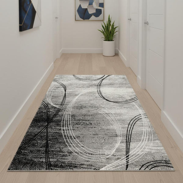 HomeRoots 13' Gray and Ivory Abstract Shag Runner Rug - Stylish, Soft, Stain-Resistant for High-Traffic Areas 487643