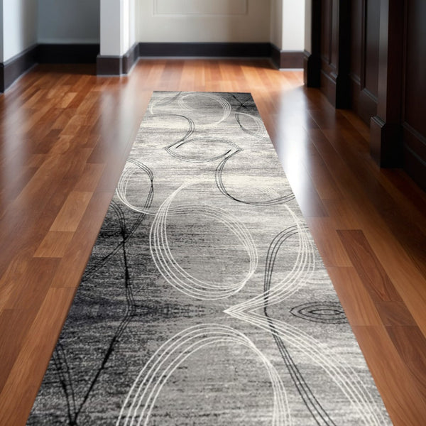 HomeRoots 20' Modern Gray and Ivory Abstract Shag Runner Rug - Plush, Durable, Stain-Resistant for High-Traffic Areas 487645