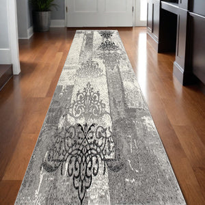 Homeroots 3' X 10' Grey Damask Power Loom Stain Resistant Area Rug  Olefin 487648