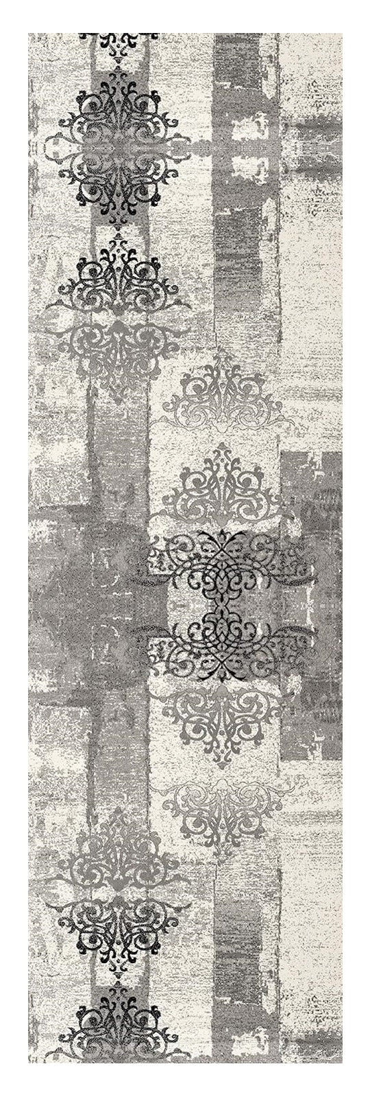 Homeroots 13' Gray And Ivory Damask Power Loom Distressed Runner Rug  Olefin 487649