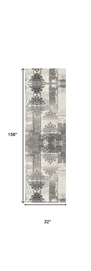 Homeroots 13' Gray And Ivory Damask Power Loom Distressed Runner Rug  Olefin 487649