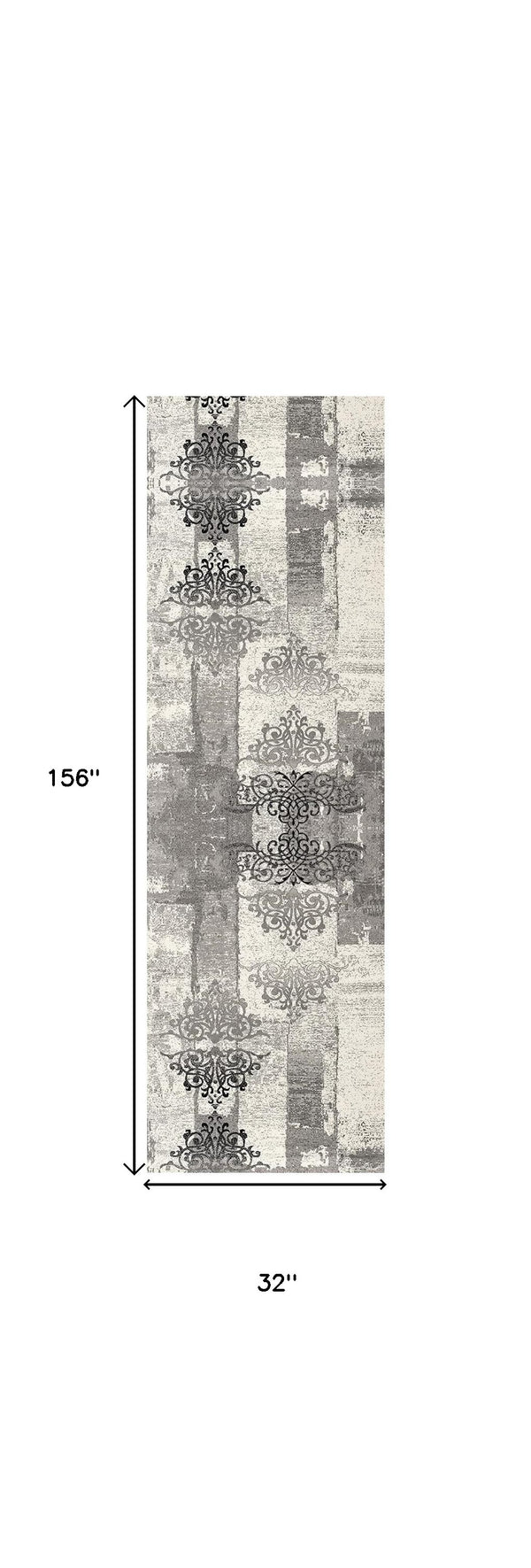 Homeroots 13' Gray And Ivory Damask Power Loom Distressed Runner Rug  Olefin 487649