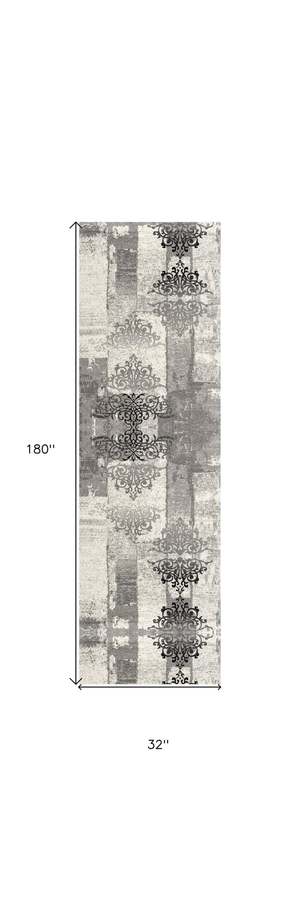 Homeroots 15' Gray And Ivory Damask Power Loom Runner Rug  Olefin 487650