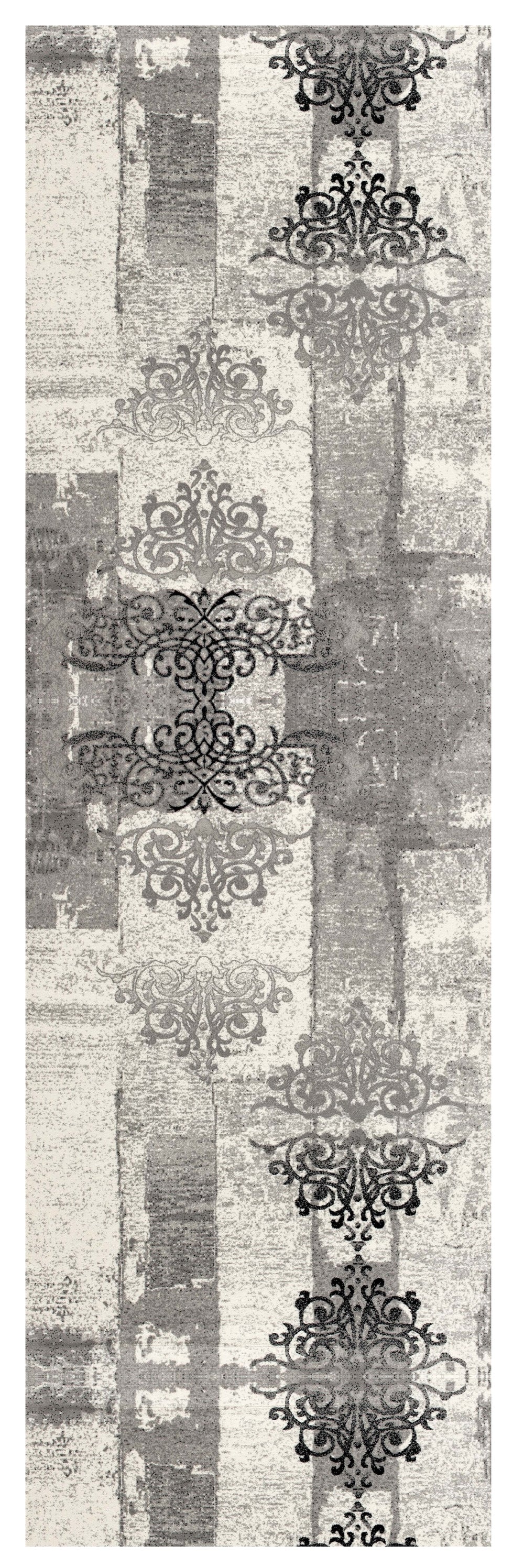 Homeroots 15' Gray And Ivory Damask Power Loom Runner Rug  Olefin 487650