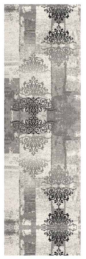 Homeroots 15' Gray And Ivory Damask Power Loom Runner Rug  Olefin 487650