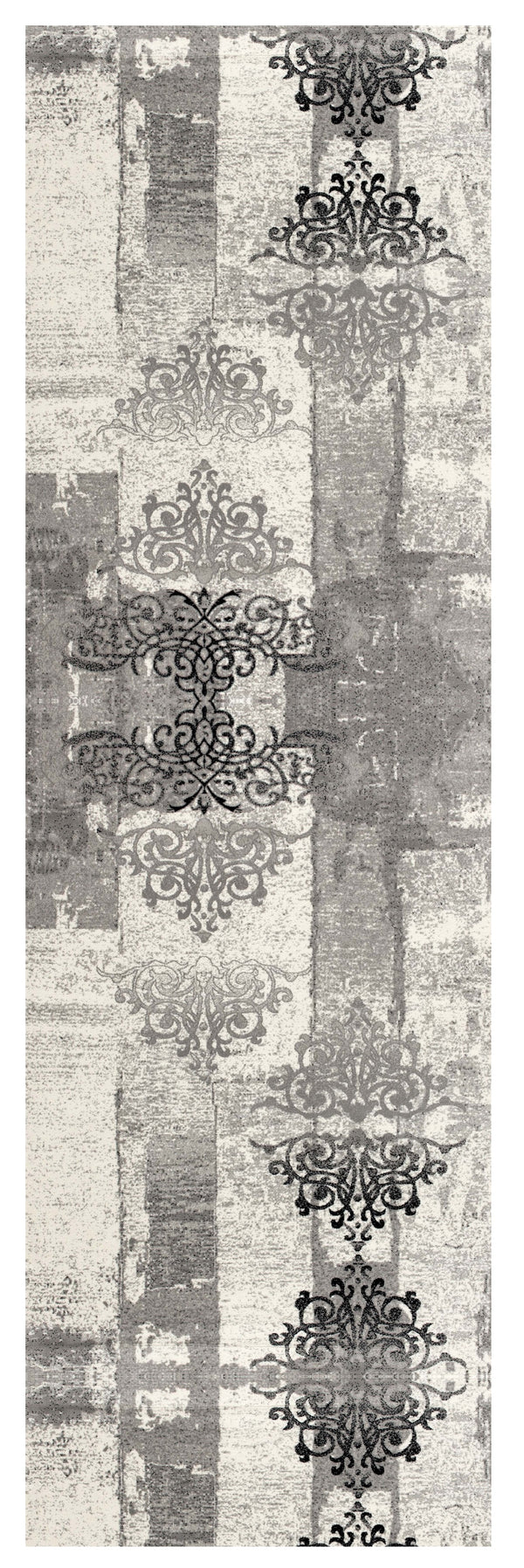 Homeroots 15' Gray And Ivory Damask Power Loom Runner Rug  Olefin 487650