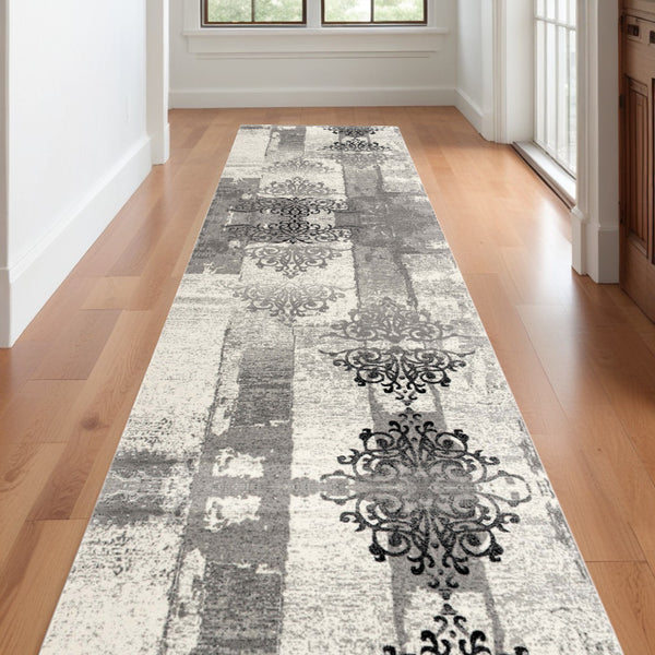 Homeroots 15' Gray And Ivory Damask Power Loom Runner Rug  Olefin 487650
