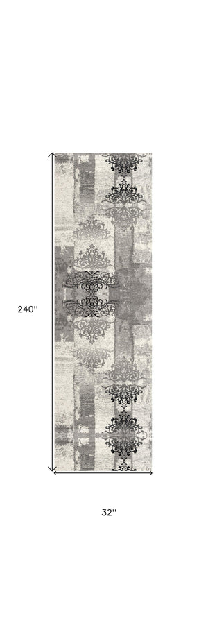 Homeroots 20' Gray And Ivory Distressed Damask Runner Rug  Olefin 487651