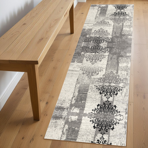Homeroots 8' Gray And Ivory Damask Power Loom Runner Rug  Olefin 487652