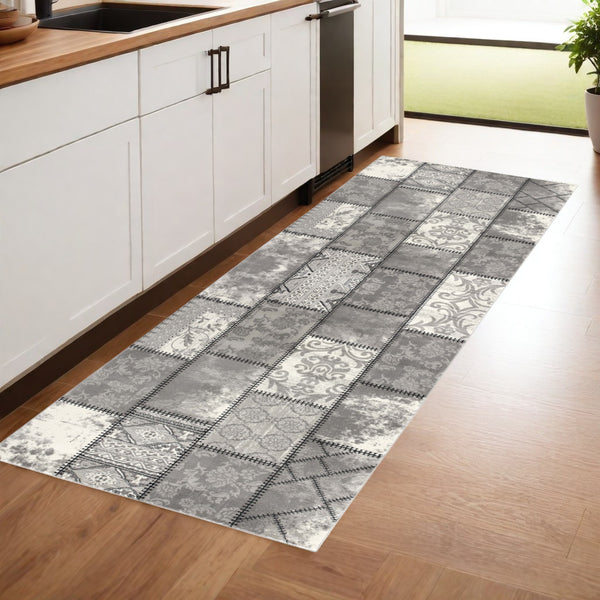 Homeroots 13' Gray And Ivory Geometric Washable Non Skid Runner Rug  Olefin 487653