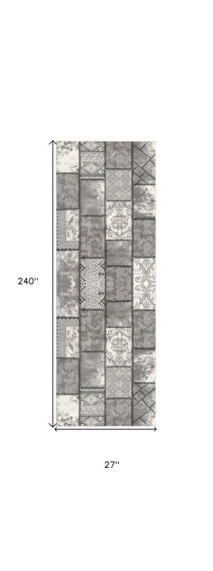 Homeroots 20' Gray And Ivory Geometric Washable Non Skid Runner Rug  Olefin 487655