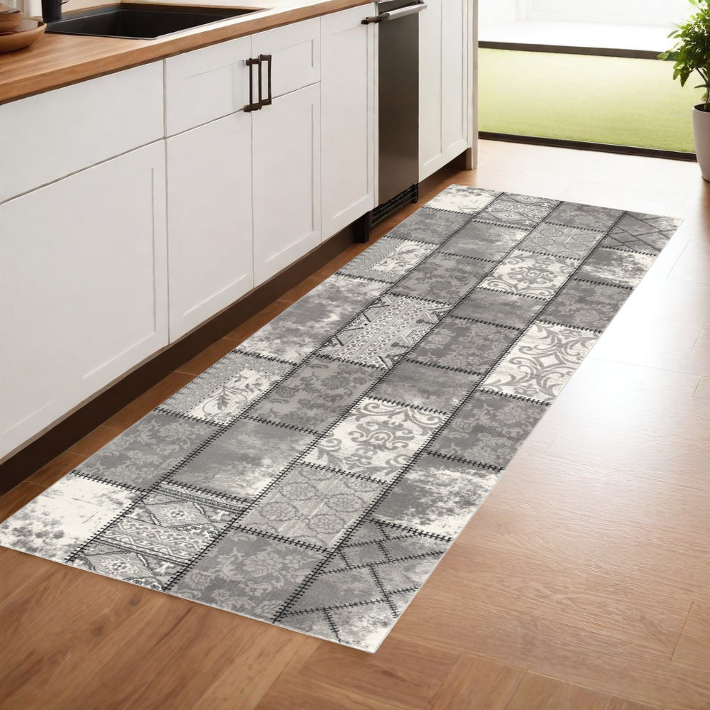 Homeroots 20' Gray And Ivory Geometric Washable Non Skid Runner Rug  Olefin 487655