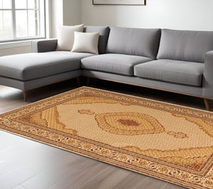 HomeRoots 4' Timeless Beige and Ivory Oriental Area Rug – Durable, Stain-Resistant, Perfect for Any Space! 7' X 10' Rectangle 487657