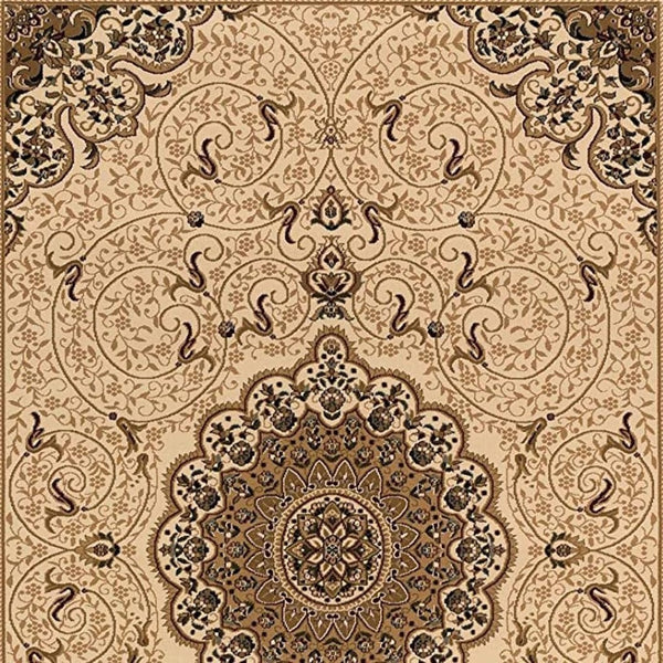 HomeRoots 7' Elegant Beige and Black Oriental Power Loom Area Rug - Durable, Stain-Resistant, Timeless Style 487658