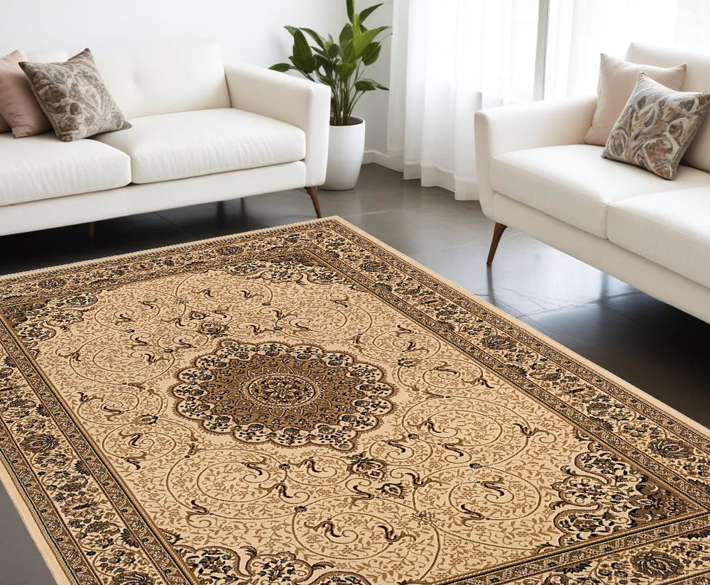 Homeroots 7' X 10' Beige And Black Oriental Power Loom Area Rug  Olefin 487658