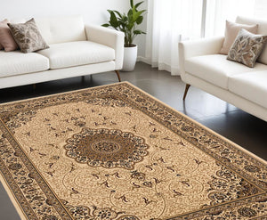 Homeroots 7' X 10' Beige And Black Oriental Power Loom Area Rug  Olefin 487658