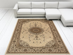 HomeRoots 7' Elegant Beige and Black Oriental Power Loom Area Rug - Durable, Stain-Resistant, Timeless Style 487658