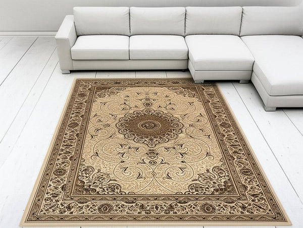 HomeRoots 7' Elegant Beige and Black Oriental Power Loom Area Rug - Durable, Stain-Resistant, Timeless Style 487658