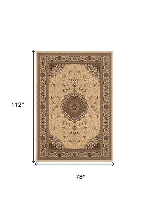 HomeRoots 7' Elegant Beige and Black Oriental Power Loom Area Rug - Durable, Stain-Resistant, Timeless Style 487658