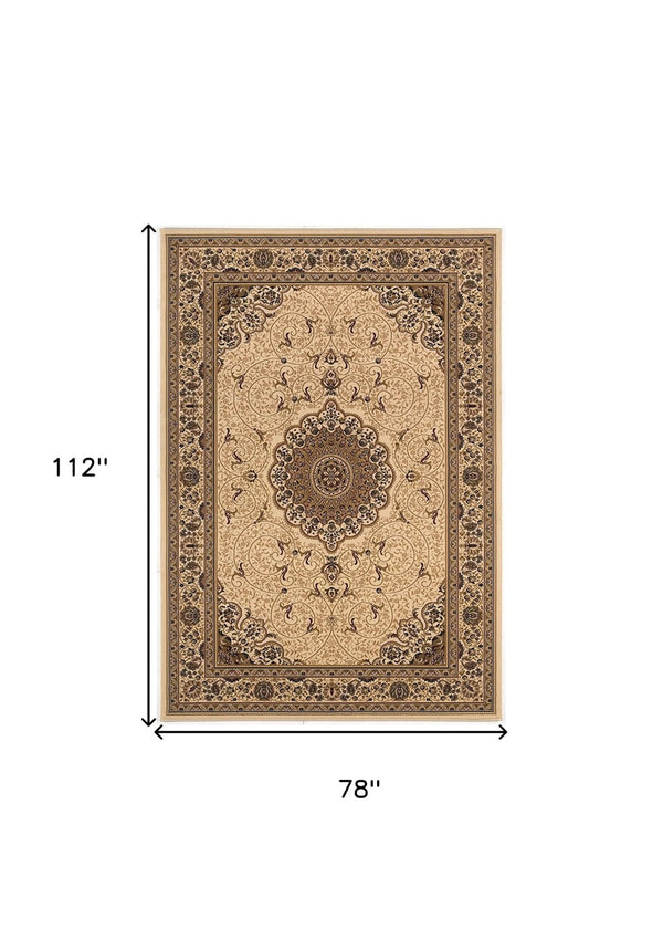 HomeRoots 7' Elegant Beige and Black Oriental Power Loom Area Rug - Durable, Stain-Resistant, Timeless Style 487658