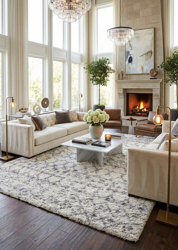 HomeRoots 5' Plush Gray and Ivory Southwestern Shag Area Rug – Cozy, Durable Design for Any Room Decor 7' X 9' 487659